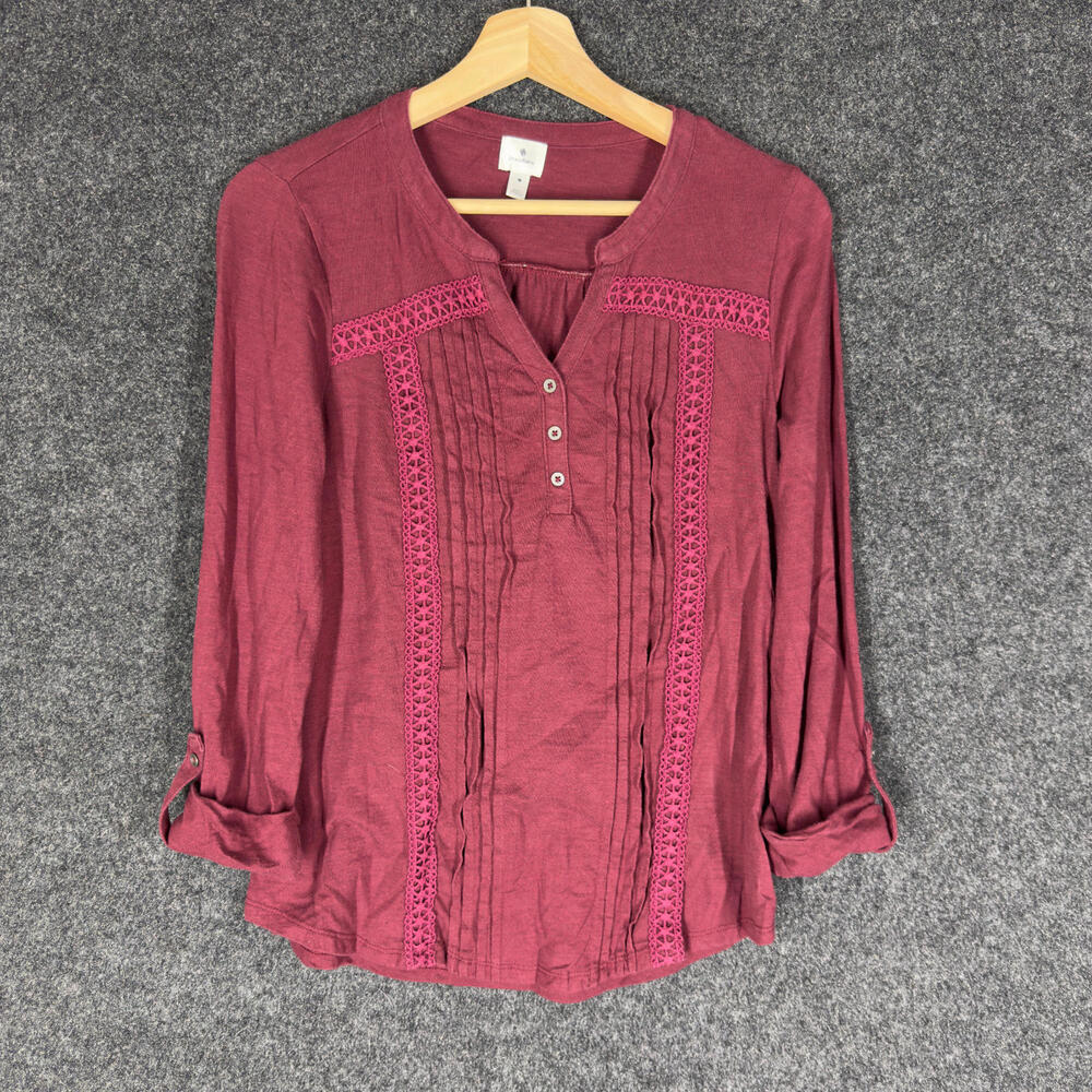 Dressbarn Blouse Women M Medium Red 1/2 Button V-Neck Long Sleeve Cotton Casual